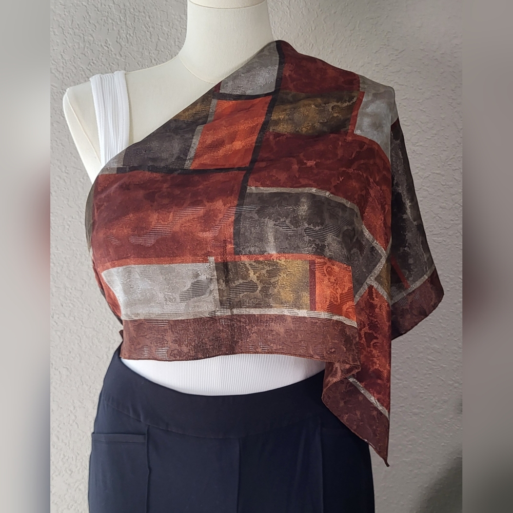 Chic Brown and Gray Geometric Scarf Wrap - 34 x 34 - Picture 6 of 9